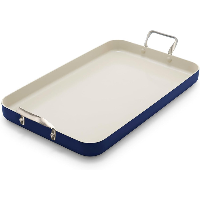 GreenPan сковорода-гриль з подвійним дном, 45.7 x 27.9 см, керамічне покриття, антипригарна, без PFAS, нержавіючі ручки, для плити, посудомийна машина, духовка та гриль, блакитний колір Oxford