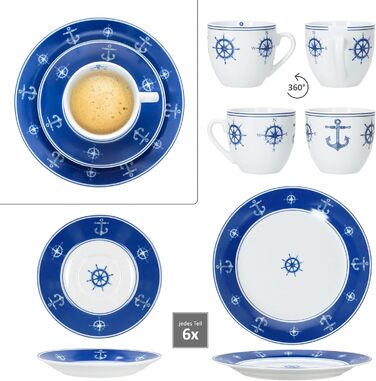 MamboCat AHOI кавовий сервіс 18 предметів (6 осіб) блакитно-білий порцелан з морськими мотивами (якір) | 6 чашок 200 мл, 6 тарілок, 6 підставок