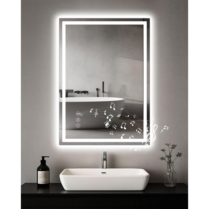 Дзеркало для ванної кімнати Habison з підсвічуванням LED, 50x70 см, сенсорне керування, димування, 3 колірні температури, функція пам'яті, проти запотівання, Bluetooth, матова центральна частина