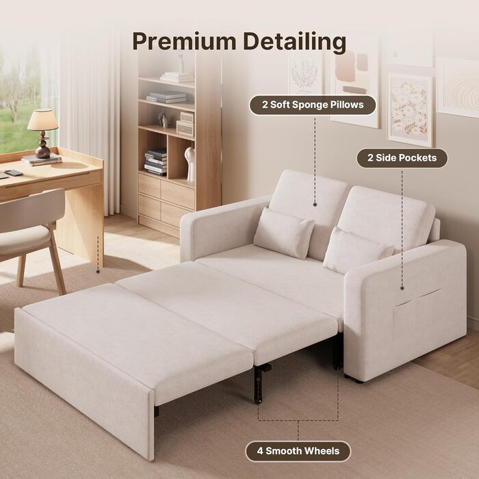 Диван-ліжко Xbro з функцією сну 147x196x87 см, 2-місний, висувний, з 4 роликами, сучасний велюровий диван-ліжко (бежевий)