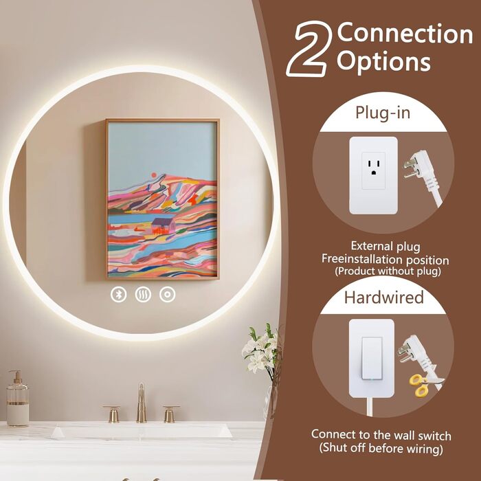 Дзеркало для ванної кімнати Habison з підсвічуванням 70x70 см LED, з годинником, сенсорним вимикачем, регулюванням яскравості, протизапобіжним покриттям, 3-кратним збільшенням, Bluetooth