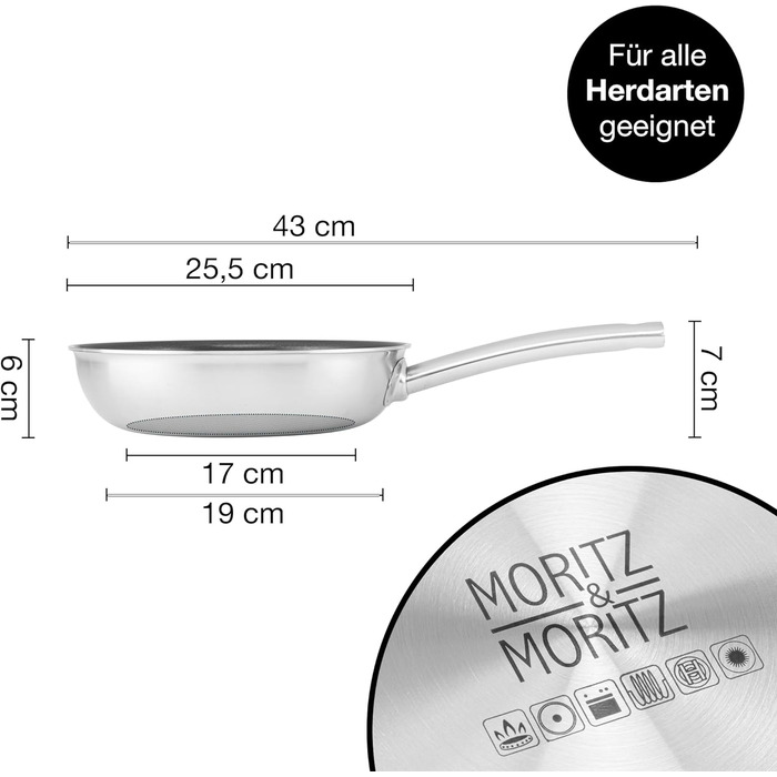 Сковорода Moritz & Moritz з нержавіючої сталі 24 см з керамічним покриттям - Стільникова структура сковороди з антипригарним покриттям підходить для всіх типів плит - Ідеально підходить для варіння, смаження та тушкування Ø 24 см