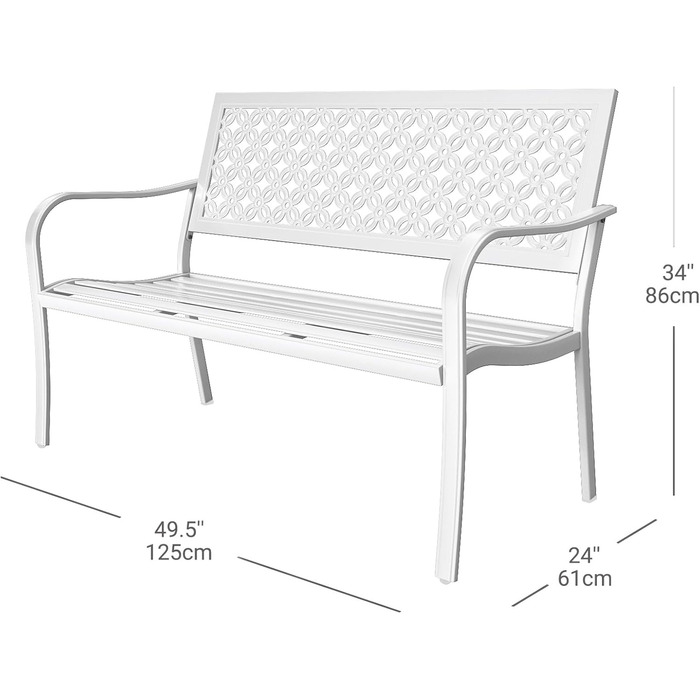 Металева лавка Grand Patio для саду, парку, балкону. Лавка з підлокітниками та спинкою, стиль ретро, міцний метал та чавун, на 2-3 особи. Білий колір, вінтажний стиль.