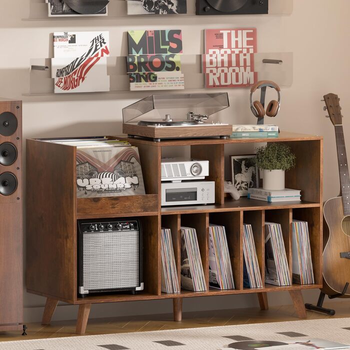 Стійка для платівок з полицями на 450 альбомів, коричнева. Підставка для вінілових платівок для музичної кімнати або вітальні