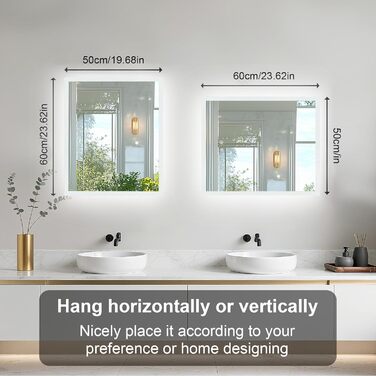 Дзеркало для ванної кімнати LUVODI з підсвічуванням 40x50 см: регульоване LED дзеркало з 3 кольорами світла, 2 сенсорні кнопки, запобігає запотіванню, водонепроникне, монтаж на стіну (горизонтальний/вертикальний)