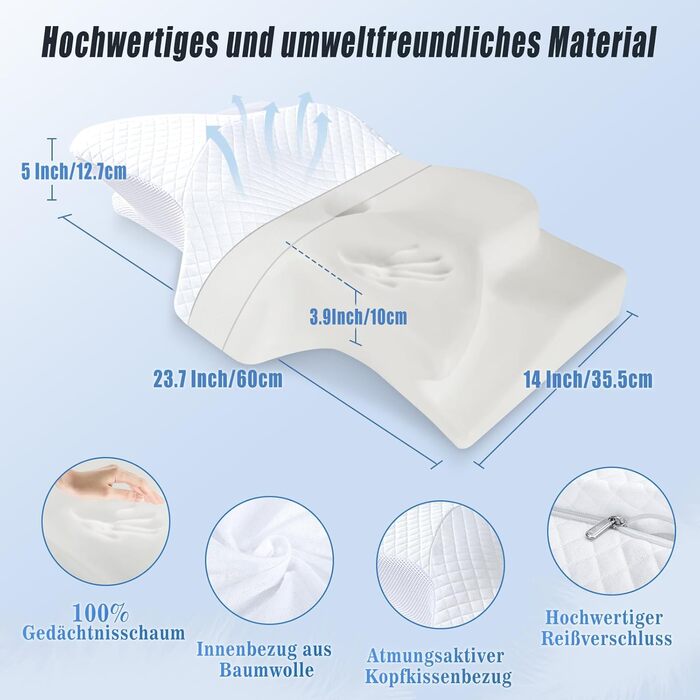 Подушка для шиї Saheyer з піною з пам'яті, ортопедична, для тих, хто спить на боці, покращує якість сну, 70 x 40 x 15/12 см, з чохлом, білий+карбоново-сірий