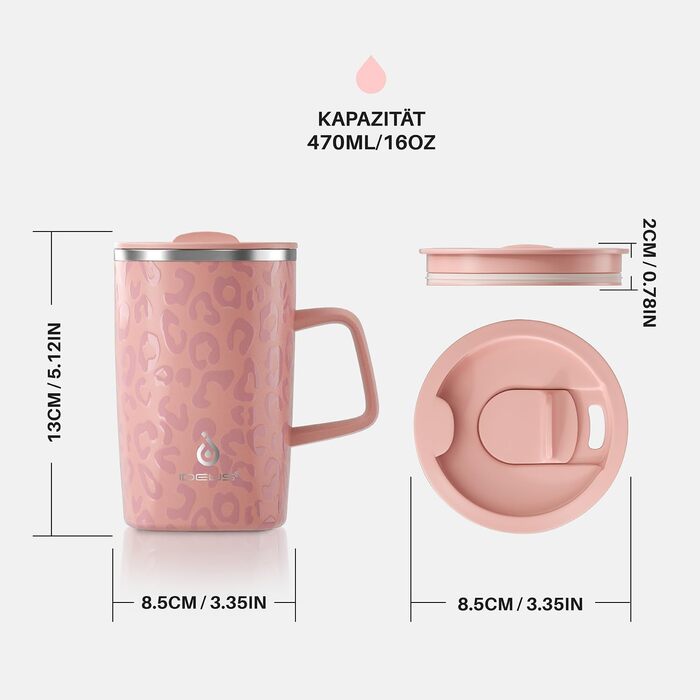 Кавова чашка Ideus® 470 мл з подвійними стінками, з нержавіючої сталі, з нековзним ручками та кришкою-ковпачком (Червоно-зебра, Рожева Леопард)