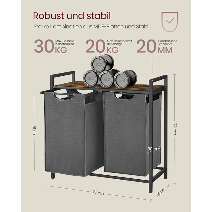 Кошик для білизни VASAGLE з 2 відділеннями, 92 л, чорно-вінтажний, з металевим каркасом