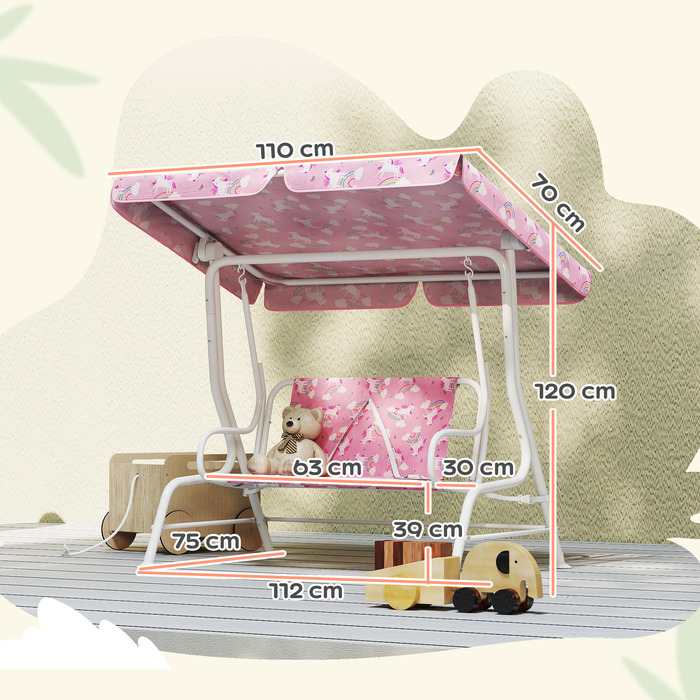 Дитяча гойдалка-шезлонг для двох з регульованим сонцезахистом, ременем безпеки, для дітей 3-6 років вагою до 60 кг, рожевого кольору