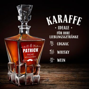 Мавертон Карафа для віскі 950 мл + Набір з 6 склянок для віскі з гравіюванням - Декантер для віскі - Подарунок на Різдво - Люкс дизайн - Кришталеве скло - для чоловіків на день народження (борода)