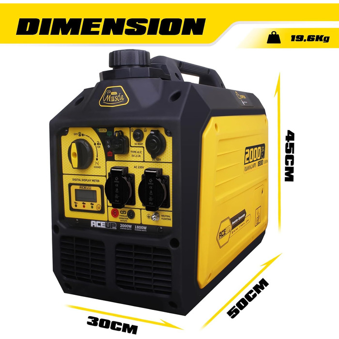 Інверторний генератор Aceup 3400W: бензиновий, 230V/12V, USB, цифровий дисплей, для дому, кемпінгу, 4-тактний, 23кг