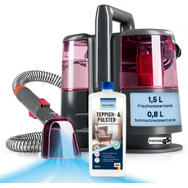 CLEANmaxx Професійний пароочисник та чистий для килимів і м'яких меблів | Spot Cleaner & EASYmaxx засіб для чищення килимів | Миючий пилосос для диванів, авто, килимів, м'яких меблів тощо | Видалення плям (червоний з шампунем, Pro Power 600W)