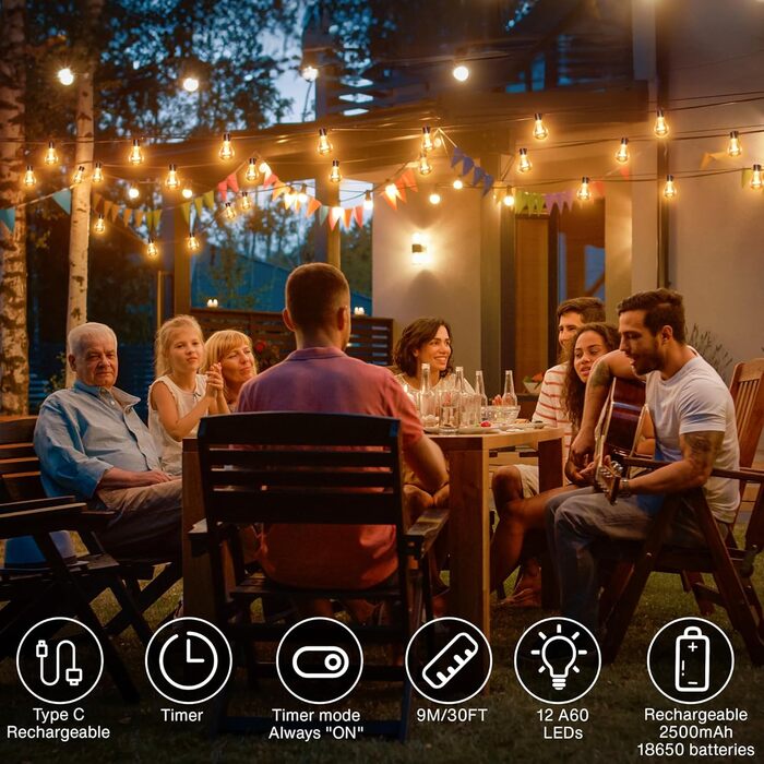 LED ліхтарна гірлянда для зовнішнього використання на батарейці з таймером, 9м, 12 лампочок A60, USB зарядка, 5000mAh, для декорування саду, вікна, сходи, весілля