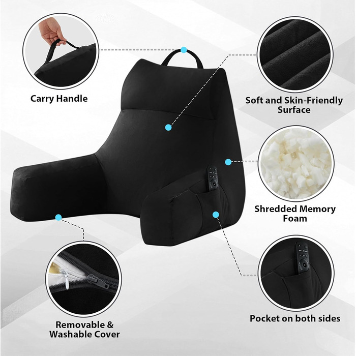 Подушка для читання з підлокотниками для дорослих, спинка для сидіння в ліжку, подушка з подрібненим пінополіуретаном з кишенями та знімним, пральним чохлом, для відпочинку, перегляду телевізора (Чорний, Стандартний L(20 дюймів))