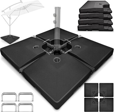 Підставка для парасольки Tillvex® 90 літрів / 120 кг – 4 частини для парасольки-намету з металевим з'єднувачем | Заповнюється водою або піском | Чорна, стійка до погодних умов