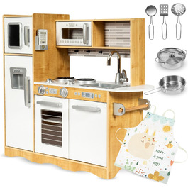 Дерев'яна дитяча кухня Mamabrum з LED-підсвічуванням та аксесуарами - 15 частин. Комплект: плита, духовка, мікрохвильова піч, холодильник, кран та іграшкова кухонна утвар для дітей