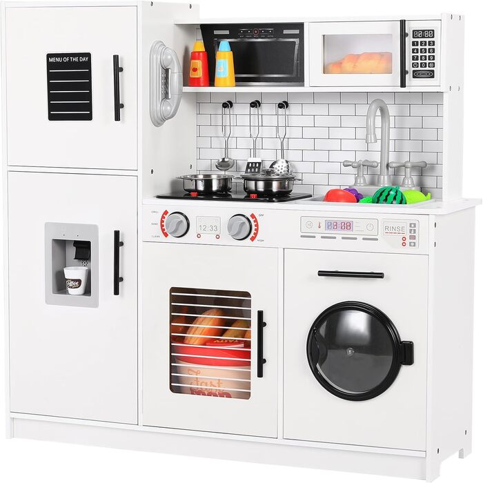 Дерев'яна дитяча кухня MAMIZO з підсвіткою та звуком, 82x80x25 см. Комплект іграшок для дітей від 3 років, біла