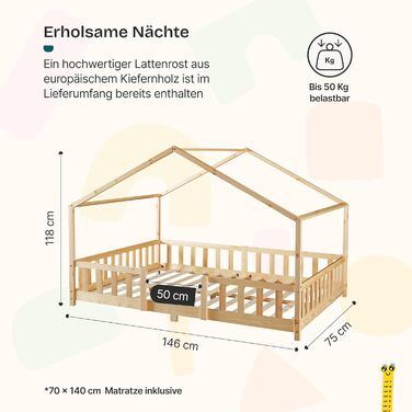 Дитяче ліжко en.casa Treviolo з матрацом, будиночок, ліжко-платформа для дітей, захист від падіння, ліжко Montessori, ігрове ліжко, сосна, білий (дерево, 70 x 140 см)