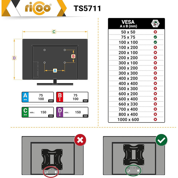 Кріплення для монітора RICOO TS5711: тримач для екрану 12-29 дюймів, кріплення на стіл, VESA 75/100