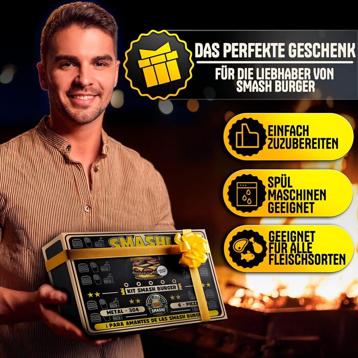 Набір для приготування бургерів SMASHI® з пресом та дзвоном – нержавіюча сталь 304, лопатка, 50 паперів для гриля, рецепти – оригінальний професійний набір