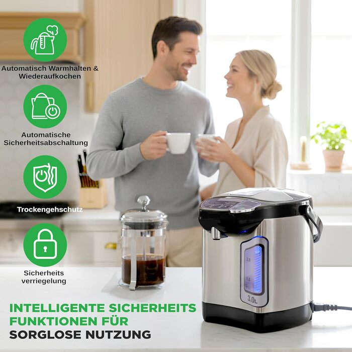 Електричний автоклав NutriChef 3L з дозатором гарячої води – нержавіюча сталь, безпечний кришка, безперебійний кран | Функція підігріву для глінтвейну, чаю, кави | Для комерційного та особистого використання | 1100W, компактний пристрій