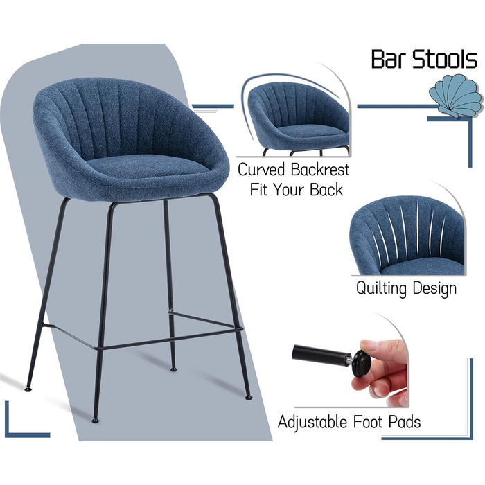 Набір барних стільців Chairus (2 шт.), сині: міцний металевий каркас, лінолеєве сидіння, для кухні/домашнього бару