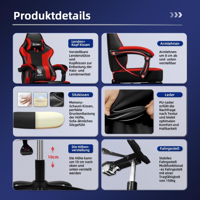 Ігровий крісло, офісне ергономічне крісло з телескопічною підніжкою, з підголівником та підтримкою попереку, регульоване та поворотне, 150 кг, (червоний)