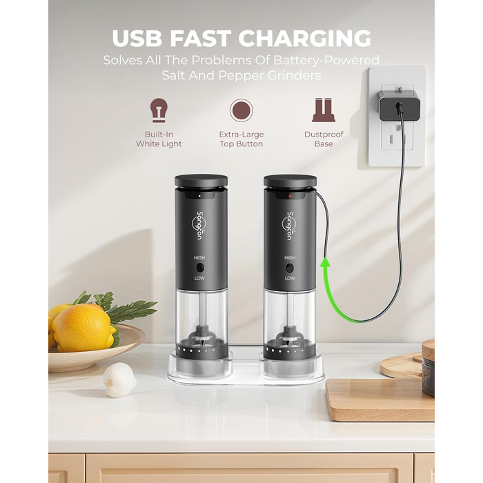 Електричні млини для солі та перцю Sangcon, 2 швидкості, акумуляторні, 6 ступенів помолу, автоматичний набір з базою, для однієї руки (сірий)