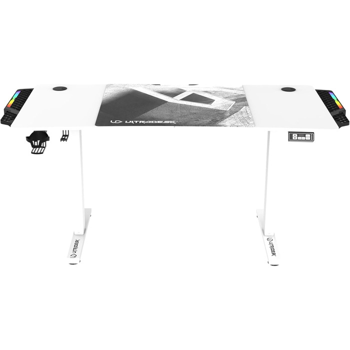 ULTRADESK Стол для роботи та геймінгу з регулюванням висоти - електричний, 140x68 см, з підсвічуванням RGB, XL-килимок для миші, білий
