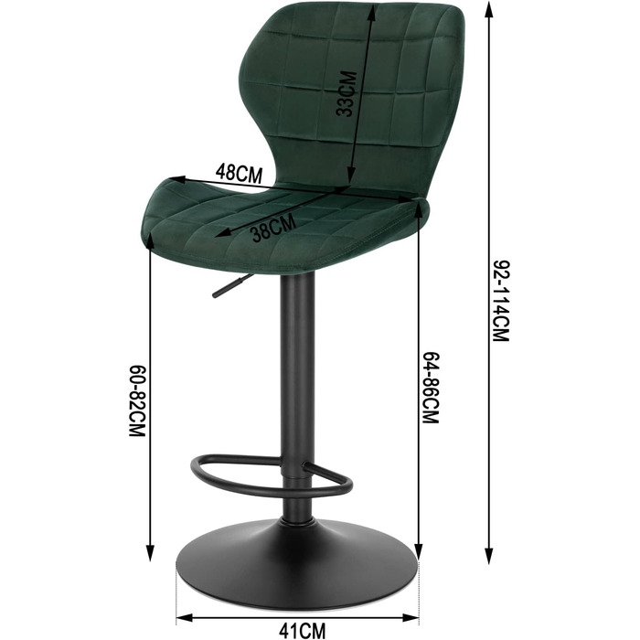 Барний стілець WOLTU регульований по висоті 60-82 см, обертається на 360, зі спинкою, оксамитовий/металевий, темно-зелений