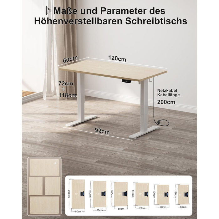 Електричний стіл Homall 120x60 см з регулюванням висоти, з 4-секційною стільницею, пам'яттю, білий + бежевий