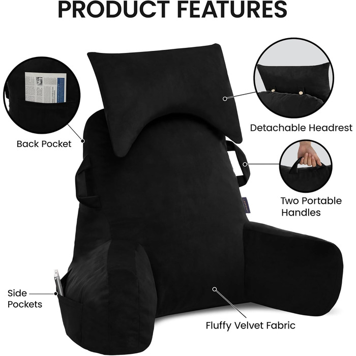 Підкова для читання з підголовником, м'яке спинне крісло з підлокітниками та кишенями для дорослих, зручне ліжко з піною з пам'яті для гуртожитку (Чорний, Преміум Великий)