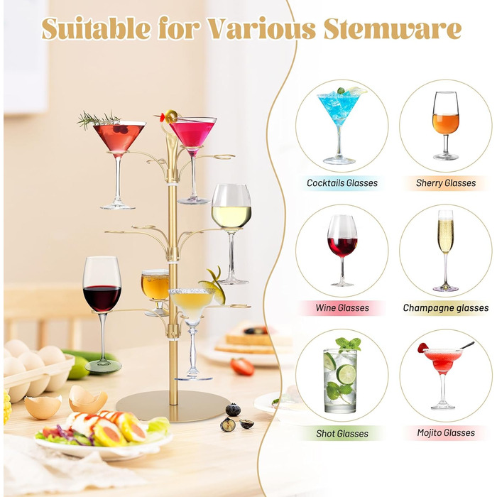 Стійка для коктейлів та келихів YCWF, 3 яруси, 12 келихів, золота. Ідеально для вечірок та святкування. Підходить для шампанського, коктейлів, маргарити та мартини.