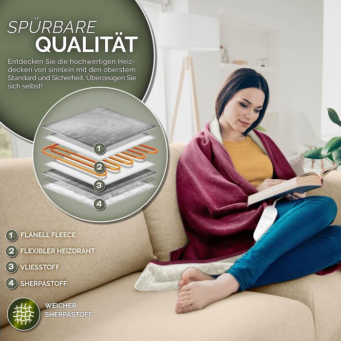 Електрична ковдра з таймером 200x180 см | 9 температурних режимів | Ковдра для ліжка та дивану | Електрична ковдра з цифровим дисплеєм (180x130 см, Бордовий)