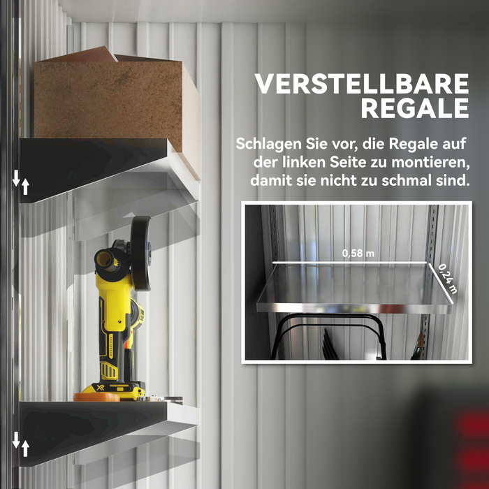 Сарай для інструментів на вулиці, з хвильового металу, з дизайном стін, регульовані полиці, замикаючі двері, темно-сірий