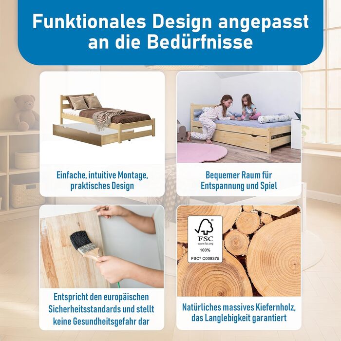 Ліжко дитяче Вробель Kinderbett 90x200 см з 2 ящиками та ламелями - односпальне ліжко з масиву сосни - ліжко Монтессорі для дітей - ліжко-ліжко для підлітків білого кольору - без матрацу