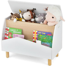 Дитяче книжкове та іграшкове шафка SOARS 2 в 1, білий, 60 x 30 x 44 см. Масивні дерев'яні ніжки, органайзер для іграшок з кришкою та відкритими полицями. Шафа для дитячої кімнати.