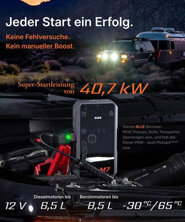 Портативний пусковий пристрій Smart Starthilfe Powerbank для автомобіля 12V з компресором, 150 PSI, 60Wh - для бензинових та дизельних двигунів до 8,5L та 6,5L відповідно