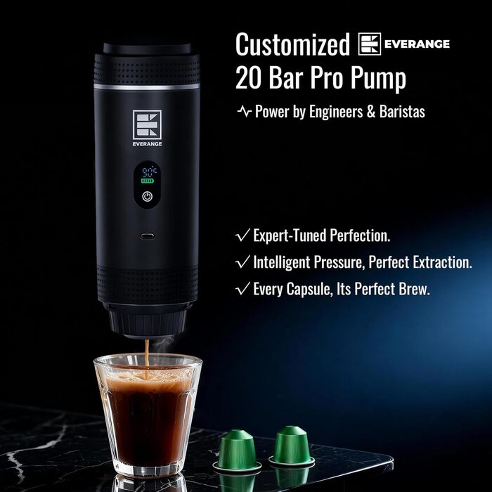 Портативна електрична кавомашина Everange для еспресо, приготування кави з меленої кави та капсул, з LCD-дисплеєм (зелена та чорна)