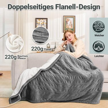 Електрична ковдра з автовимкненням 130x180 см, 8 режимів нагріву, таймер 12 годин, пральна машина, флісова ковдра для ліжка, дивана, офісу (темно-сірий)