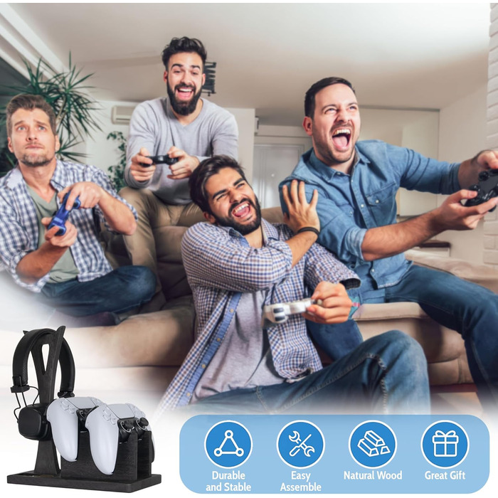 Організатор для геймерських контролерів з підставкою для навушників – дерев'яний аксесуар для ігор, чорний колір
