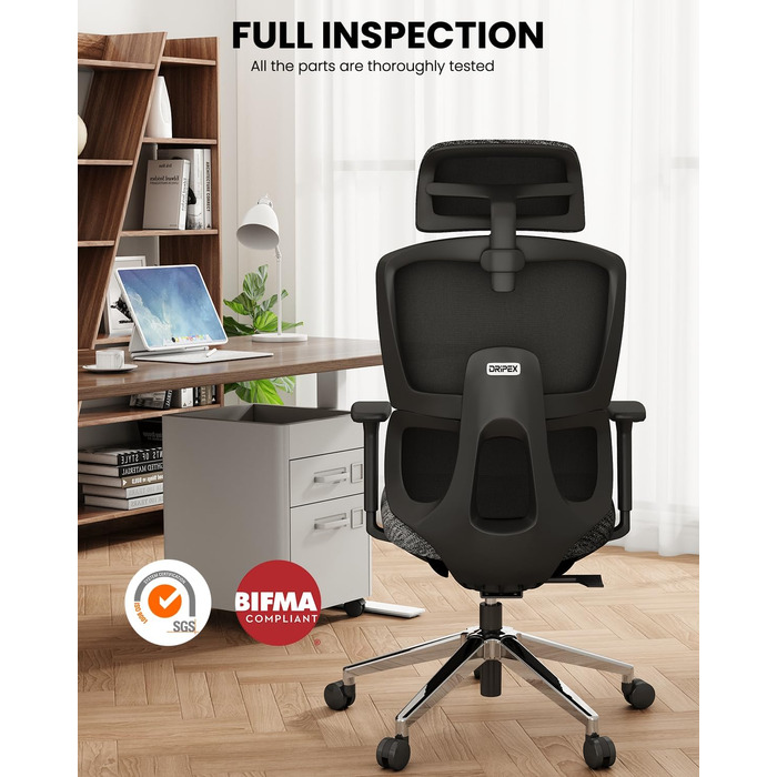 Офісний стілець Dripex Ergo, сітчастий обертовий стілець, регульований, 2D-поперекова опора, обертовий стілець (чорний, 3D-підлокітник)