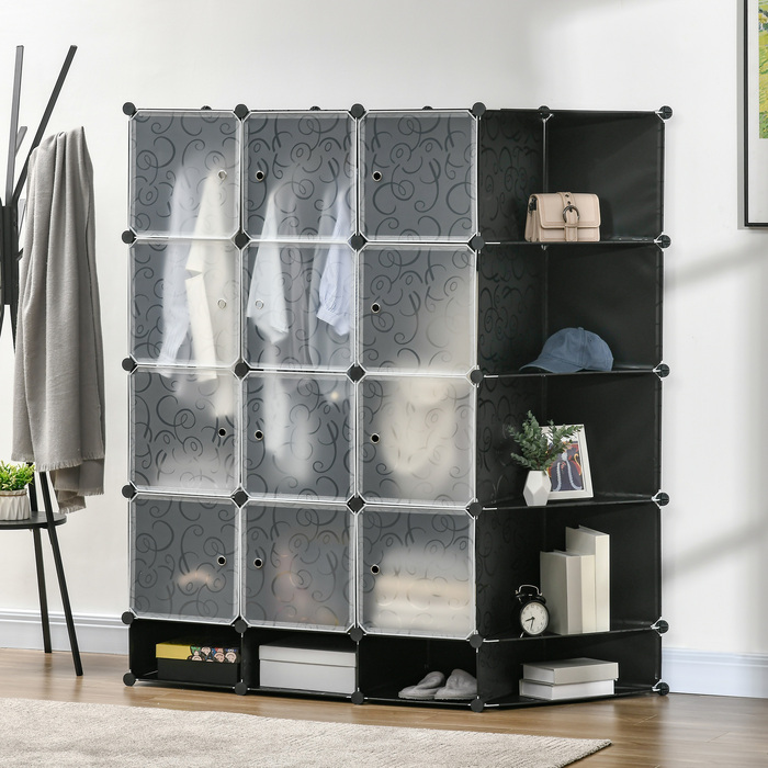 Стелажна система HOMCOM DIY з 16 відділеннями та 2 штангами Полиця для кубика своїми руками, полиця для зберігання одягу, взуття, чорний 145 x 46 x 162 см