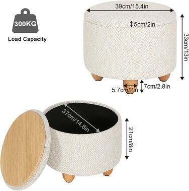 Табурет з місцем для зберігання, кругле сидіння, м'які, ніжки з масиву дерева, льон, Ø39x33 см, кремово-білий