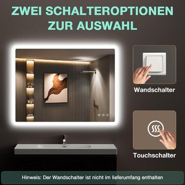 Дзеркало для ванної кімнати GIMBELEN LED з підсвічуванням 80x60 см, прямокутне, сенсорне керування, регулювання яскравості, 3 кольори світла, антизапарник, вертикальна/горизонтальна установка