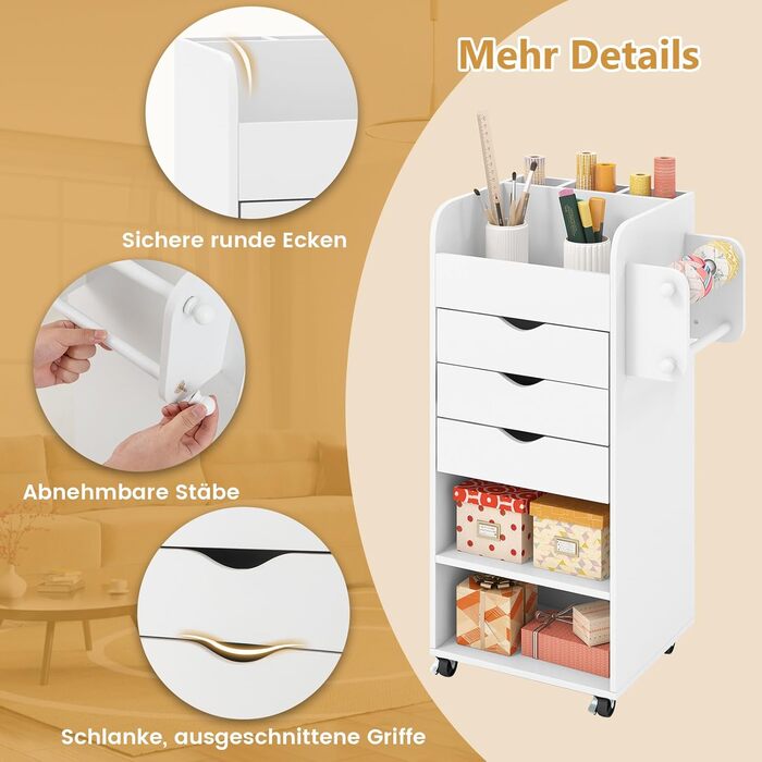 Роликовий контейнер COSTWAY з 3 висувними ящиками, робочий візок з 2 ручками та 3 полицями, дерев'яний шафка на колесах, багатофункціональний візок для офісу/кабінету (білий)