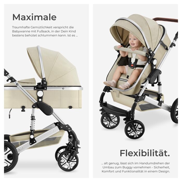 Дитяча коляска Tectake 2 в 1: розкладний візок-ліжко з підніжкою, тримачем для напоїв, люлькою та дощовиком (сірий/бежевий)