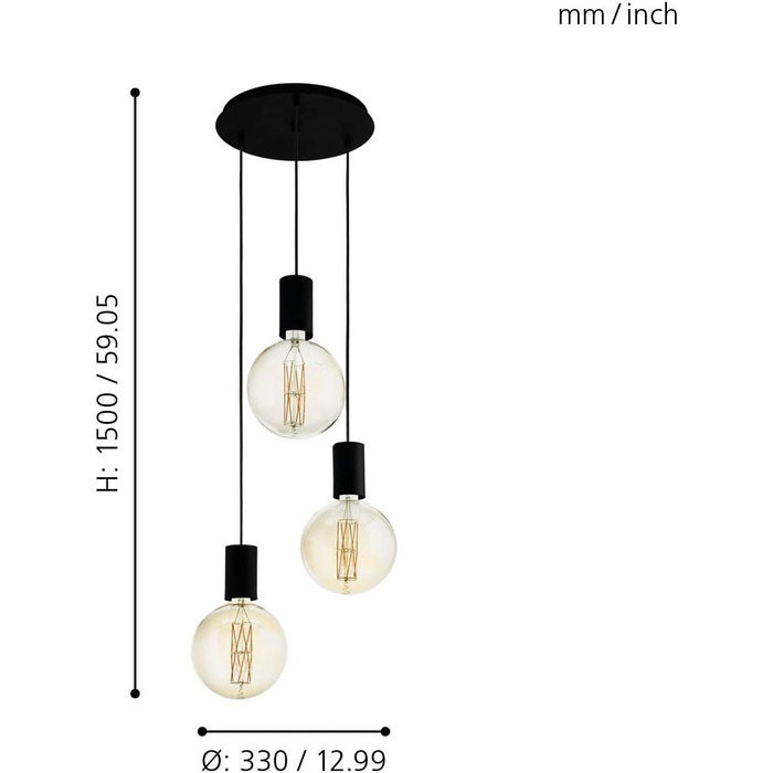 Підвісний світильник EGLO Pozueta, підвісний світильник на 3 полум'я Vintage, Industrial, підвісний світильник зі сталі чорного кольору, лампа для обіднього столу, світильник для вітальні з цоколем E27, Ø 34 см Підвісний світильник 3 полум'я Ø 33 см