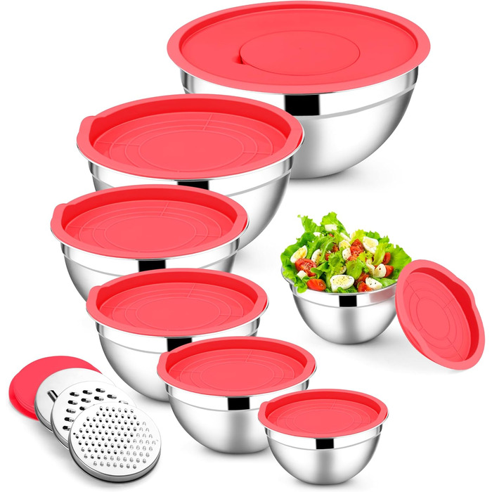 Набір місок для перемішування E-far з кришками, 21 предмет, нержавіюча сталь, з 3 тертками, розміри 7, 4,6, 3,5, 2,6, 2, 1,5, 1QT, збірні, з кольоровими герметичними кришками, для випічки/приготування (7, Червоний/Подорож, Однотонний (Getaway Solids))