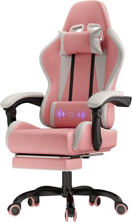 Ігровий крісло JUMMICO з масажем, ергономічний офісний стілець з підголовником, регульована спинка 90-135°, підставка для ніг, витримує до 150 кг (Рожевий, Компактний)